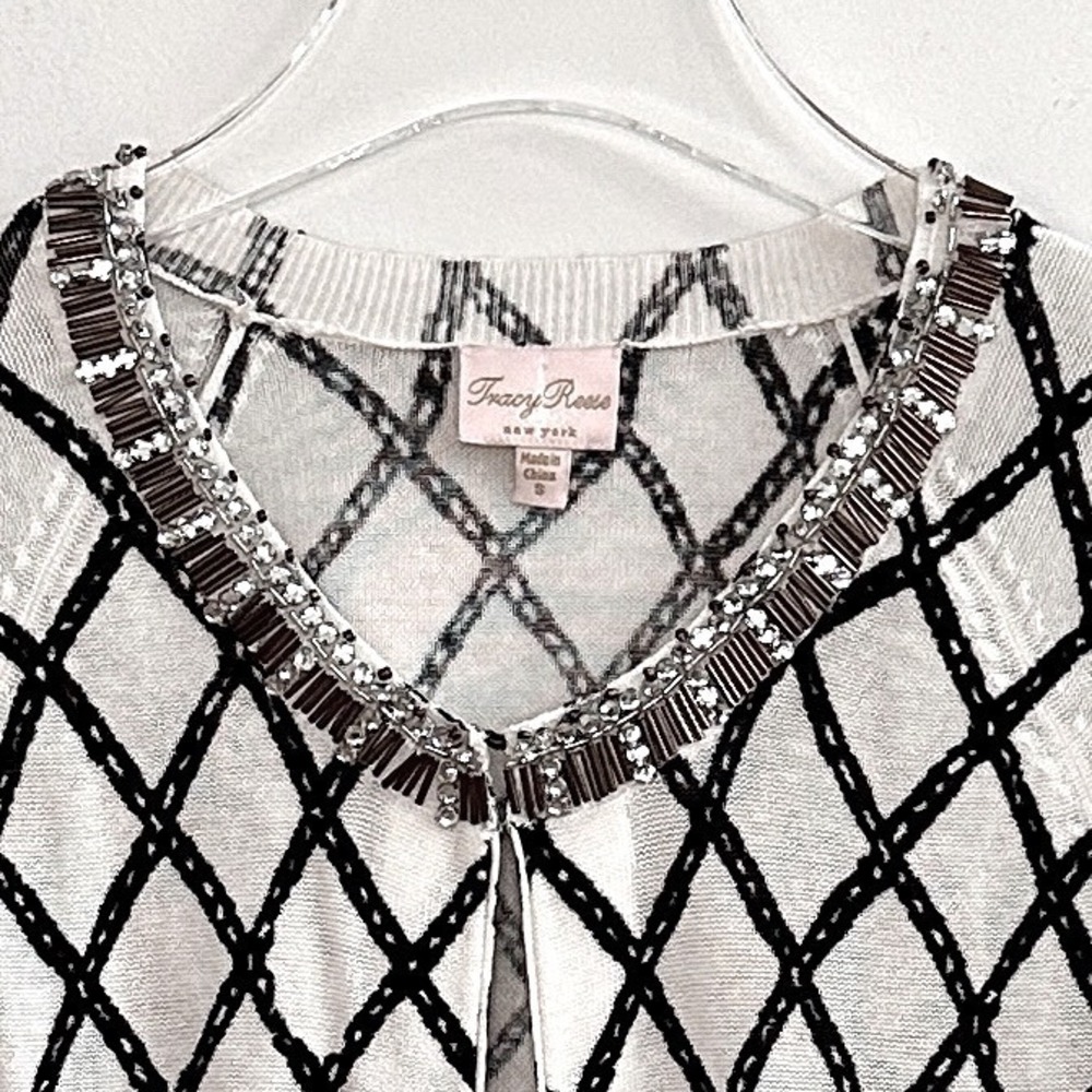 Tracy Reese NY Glam Beaded Diamond Rhinestone Cotton Cardigan White Black S - Picture 3 of 5